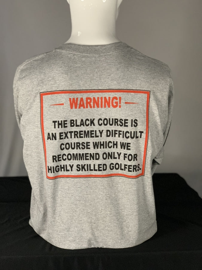 Bethpage Black Warning Sign displayed on back of gray long sleeve tee
