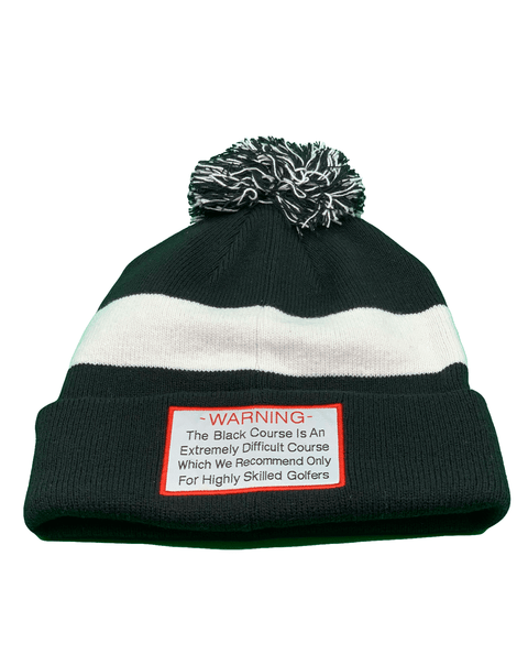 Black winter beanie with white stripe and warning sign