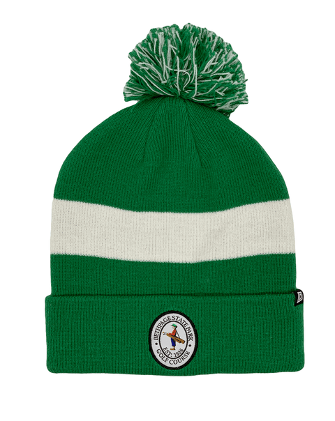 Green winter beanie with white stripe and Bethpage Black Course logo