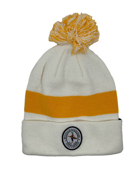 White winter beanie with yellow stripe and Bethpage Black Course logo